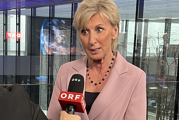 Volksanwältin Gaby Schwarz spricht in ein ORF Mikro.