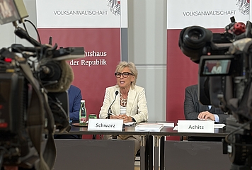 Volksanwältin Gaby Schwarz sitzt an einem Tisch bei einer Pressekonferenz, Kameras sind auf sie gerichtet.