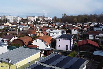 Das Bild zeigt eine Luftaufnahme des Kleingartenvereins "Sonnenschein" in Wien 2.